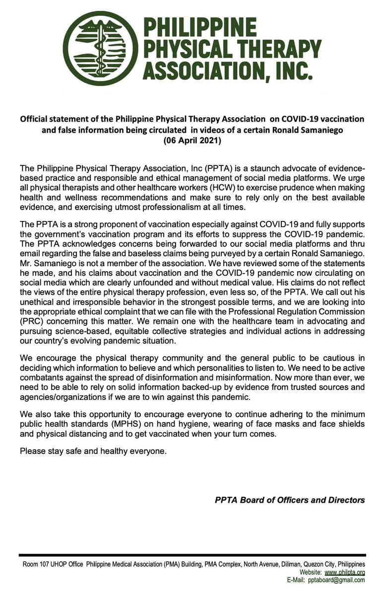 Phil_PT_A's tweet image. PPTA’s official statement on COVID-19 vaccination and false information being circulated in videos of a certain Ronald Samaniego.