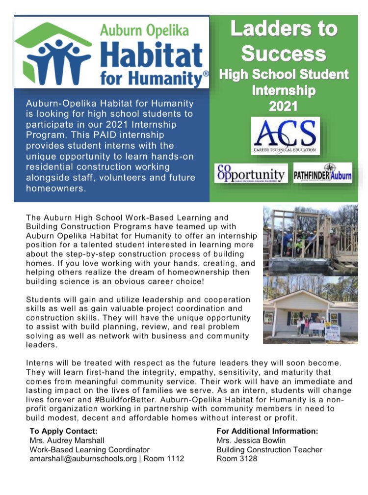 PathfinderACS's tweet photo. Excellent “Co-opportunity” for students interested in architecture or building construction careers! Contact Mrs. Audrey Marshall or Mrs. Jessica Bowlin. #ahsaction #bigschooltinyhouse @auburncityedu @AHSAuburnTigers @MrsAMarshall @@ala https://t.co/Wk7672HX2c