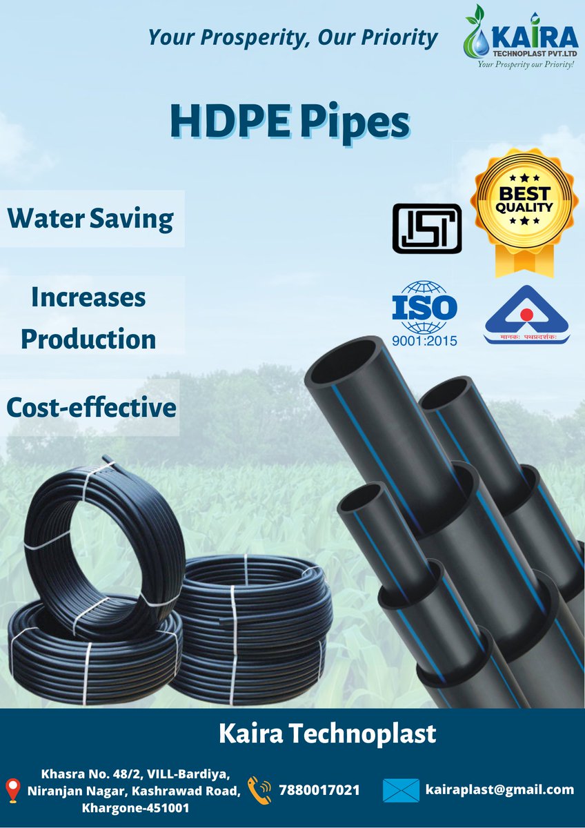 Known for its lighter weight in comparison to iron or galvanized pipes, HDPE pipes are reliable and flexible pipes that has anti-corrosion and chemical resistance features.

#hdpepipes #agriculturepipes