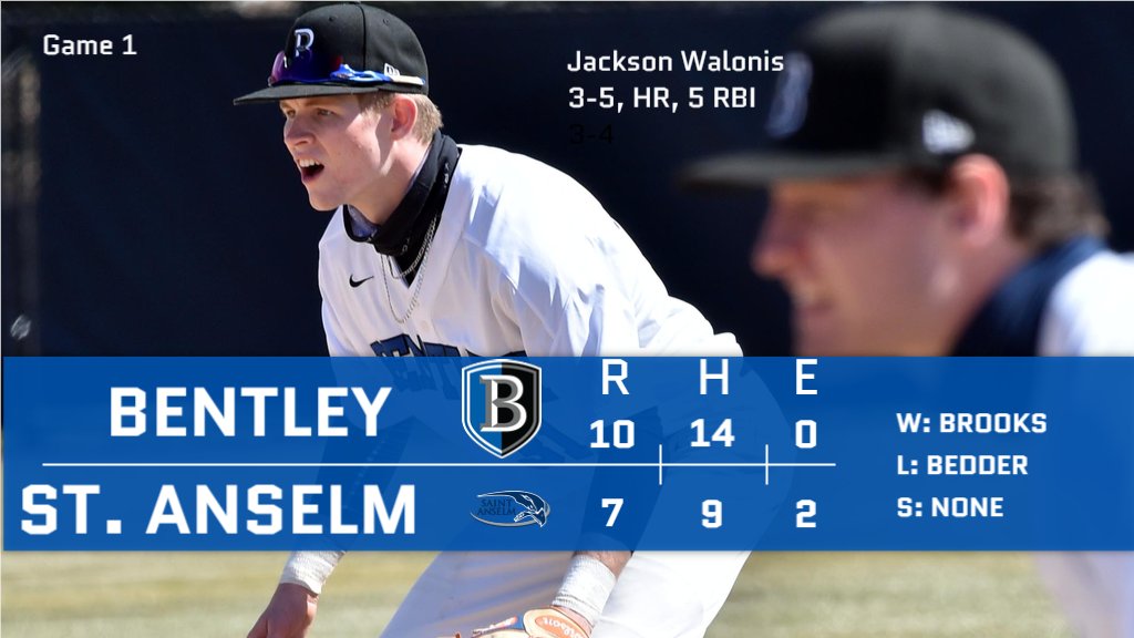BentleyFalcons's tweet photo. Baseball took game 1 from Saint Anselm, 10-7, with Jackson Walonis driving in 5 runs, 3 coming on his first career home run #BentleyU #BeAForce #NE10Embrace40 https://t.co/veZbNto5py