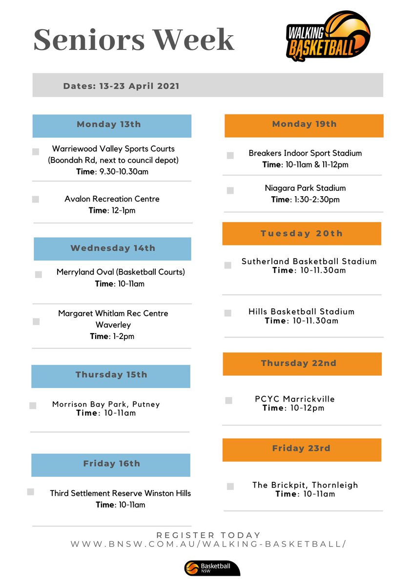 BasketballNSW's tweet photo. WALKING BASKETBALL | EVENTS
April is a busy month for Walking Basketball!
Thanks to Sport Australia all programs during seniors week and the Hunter/North Coast Tour are FREE. #moveitaus
For details on all the programs and how to register, visit 👉 https://t.co/3swAeTTJ3F https://t.co/VVIgoYQvwn