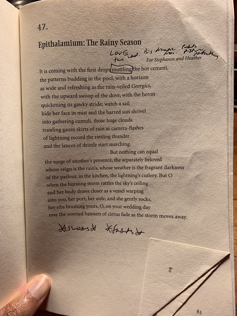 2/30: “Epithalamium: The Rainy Season” by Derek Walcott. This poem made me write an epithalamium for a dear friend who got married a few years ago. I love how he uses adjectives liberally. Walcott brilliantly uses water/the ocean to illustrate truths about love, time, heritage