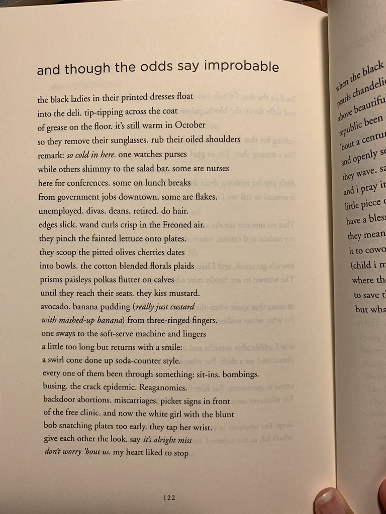 3/30: “and though the odds say improbable” by  @destinyoshay . I remember when I interviewed Destiny, I wanted to talk to her about this poem, and she gave a lovely and brilliant response. I love how familiar the poem feels and...just read her response in  @The_Rumpus !