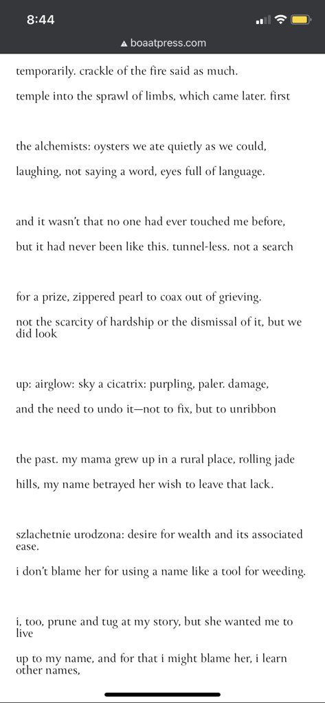 5/30: “i found a lover and we left the city” by  @jej_sen, from  @BOAAT_PRESS .I love the line breaks, the neologisms, the intricacies, and how damn smart a poet she is. Period.