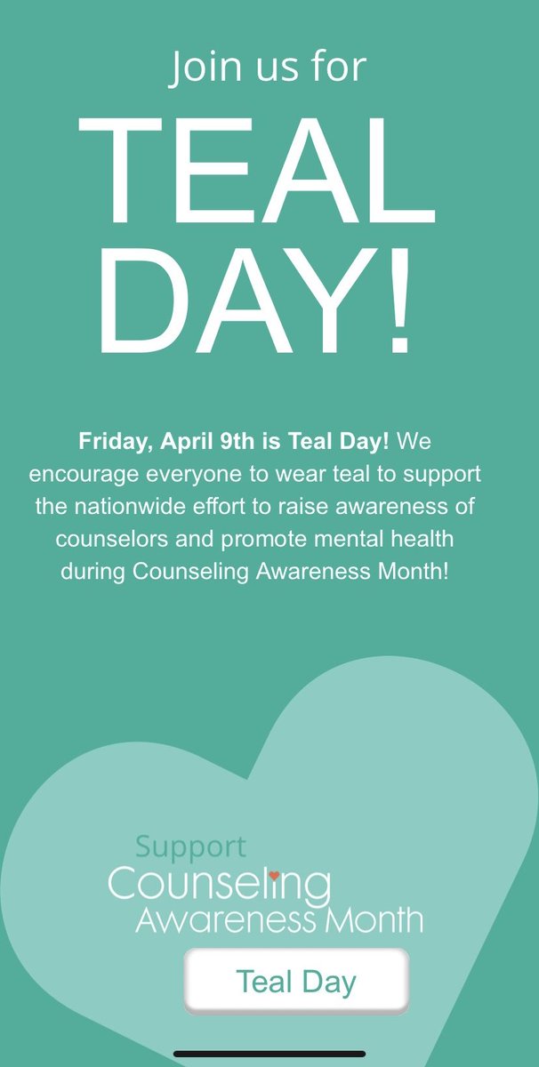 CounselingGms's tweet photo. Friday is Wear Teal day! ⁦@gmprincipal⁩ ⁦@TobiKilgore⁩ ⁦@HHunter0206⁩ https://t.co/RQ9iuJBX7P