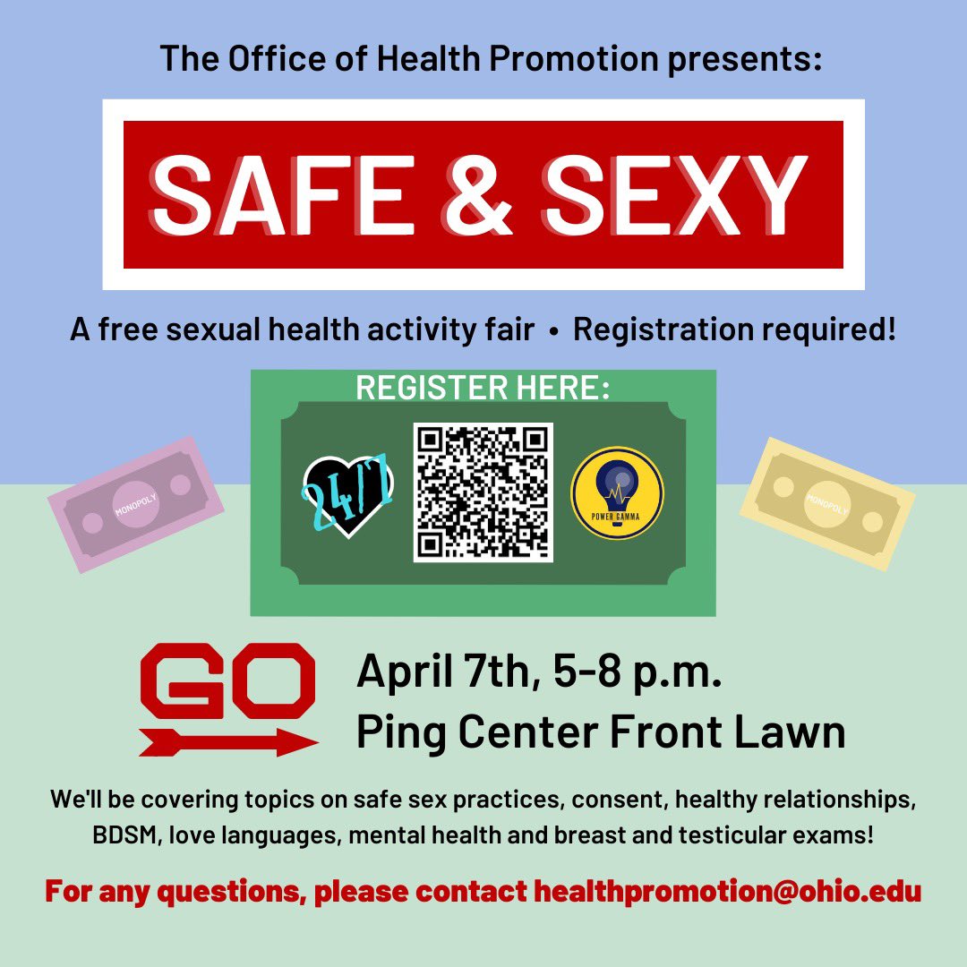 Hey, Bobcats!! ONLY TWO DAYS LEFT UNTIL SAFE &amp; SEXY‼️🤑

The event is this Wednesday 4/7 from 5-8 p.m. on the Ping Center front lawn! Make sure you register for the event with this QR code or the link in our bio❤️ We can’t wait to see y’all there✨