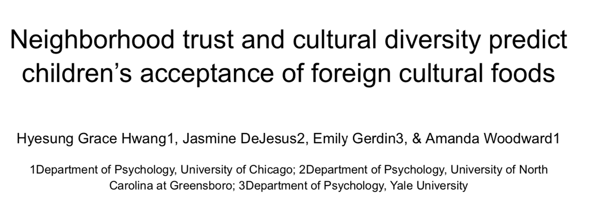 Can neighborhoods🏘️ influence how children think about foreign culture - like foreign foods🍲? 

Racial &amp; ling diversity in the neighborhood AND trust in neighbors are related to how children think about foreign foods 

More at #SRCD2021 poster Thu, April 8, 10:15am EDT!