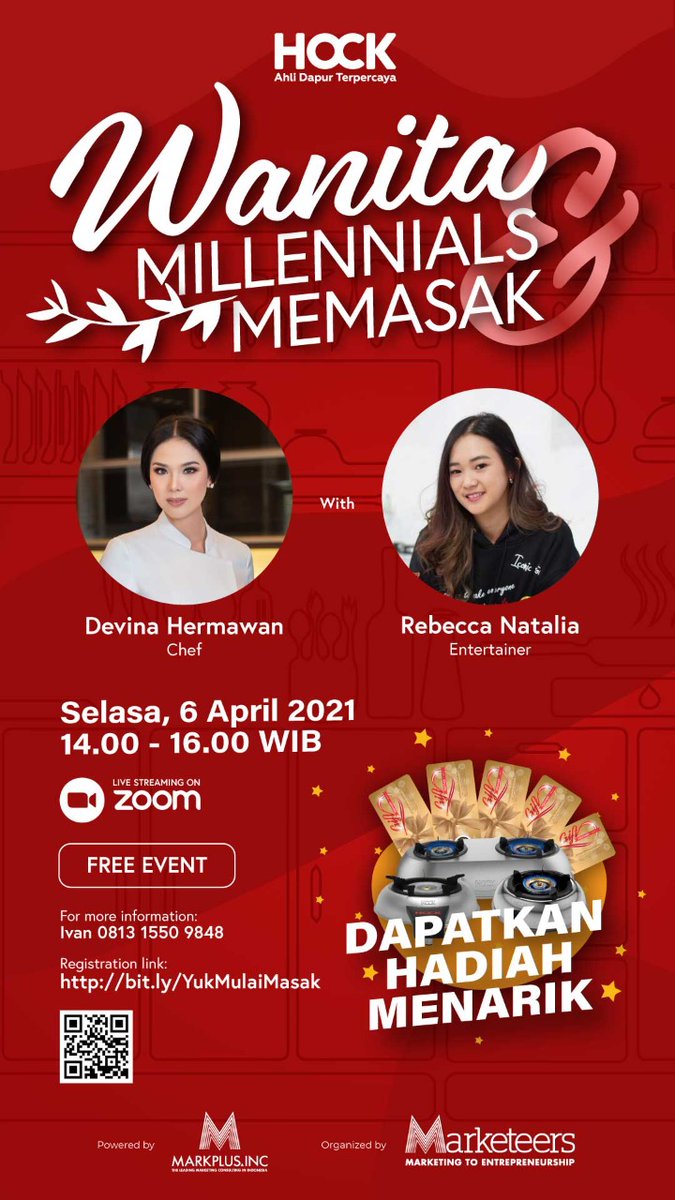 Wanita Milenial dan Memasak besama Devina Hermawan dan Rebecca Natalia. GRATIS!
Selasa, 6 April 2021 pukul 14.00-16.00 WIB
Cukup dengan registrasi di bit.ly/YukMulaiMasak

Yuk join dan dapatkan grand prize kompor HOCK senilai Rp 1.010.000 *S&amp;K Berlaku. Cek IG <a href="/hockindonesia/">Hock Indonesia</a>