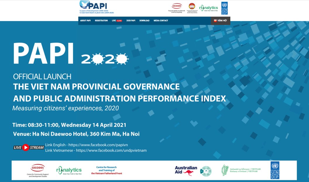PAPI_Vietnam's tweet photo. 🔜1⃣4⃣.4⃣.2⃣0⃣2⃣1⃣
Pleased to launch #PAPI2020 landing page which presents registration, updates on our Official Launch agenda and #PAPIvn exhibition corners to highlight provincial responses to citizens' feedback and more:
▶️https://t.co/fPAeDbPanq. https://t.co/qFrWCESEkm