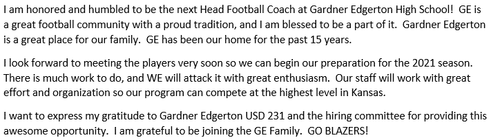 CoachJesseOwen's tweet image. I am very excited to announce that I will be the new Head Football Coach at Gardner Edgerton High School!  I am fired up to get started &amp;amp; represent the GE community.  
#GEstrongtoGEther