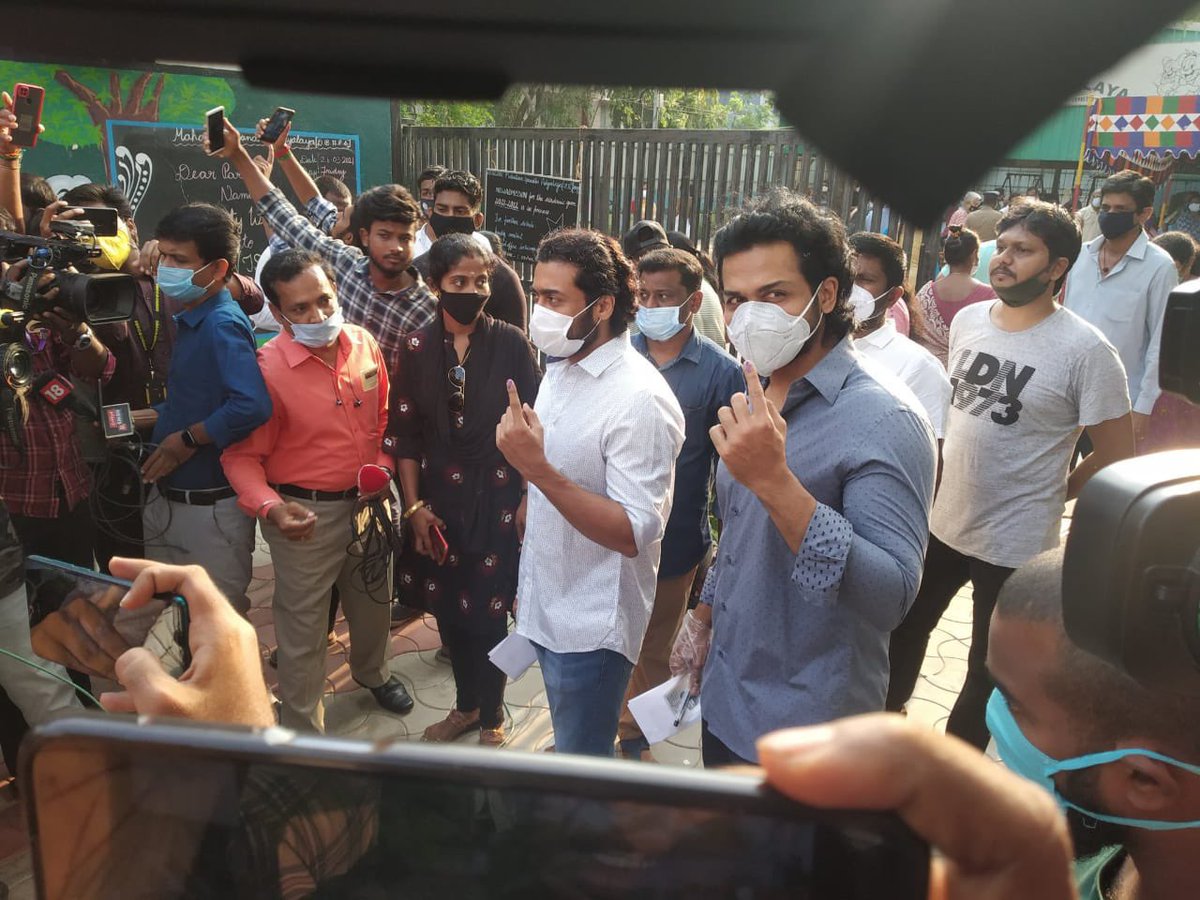 Actor <a href="/Suriya_offl/">Suriya Sivakumar</a> and Actor <a href="/Karthi_Offl/">Karthi</a> #TNElections2021 #NoExcusesDay