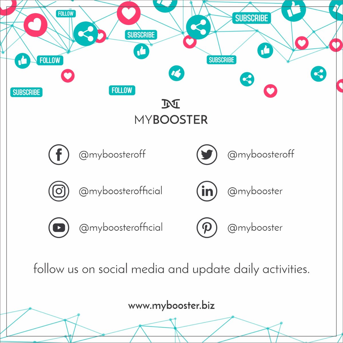 Follow us on Social Media and Update Daily Activities.

mybooster.biz

#mybooster #facebook #twitter #linkedin #instagram #googlemybusiness #tumblr #pinterest #smo #Smm #water #alkalinewater #maxell #madeinjapan