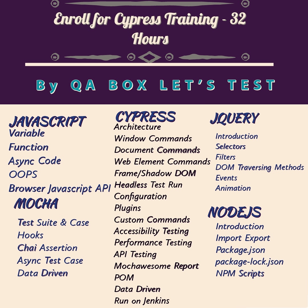 qabox_letstest's tweet image. Cypress Training Program (Paid)
#cypress 
#automationtesting