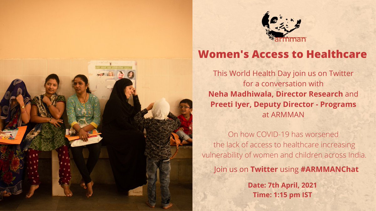 armmanindia's tweet photo. This #WorldHealthDay join us tomorrow for a conversation on Women's Access to Healthcare with @MadhiwalaNeha and @PreetiIyer4. Be a part of the conversation by using #ARMMANChat
Date: 7th April
Time: 1:15pm https://t.co/mFMGHOqhbe