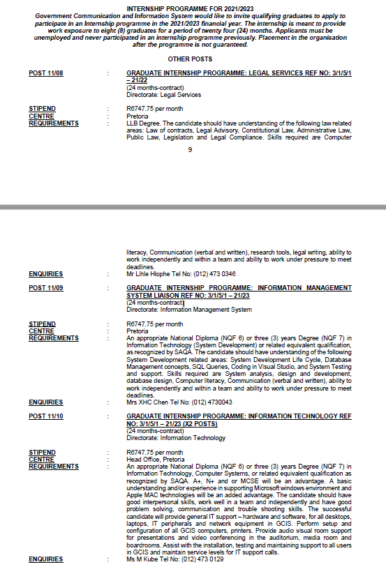 GovernmentZA's tweet image. INTERNSHIP PROGRAMME FOR 2021/2023 | GCIS invites qualifying graduates to apply and participate in an #InternshipProgramme for 2021/2023 financial year. The internship is meant to provide work exposure to graduates for a period of 24 months. bit.ly/3cSewXi