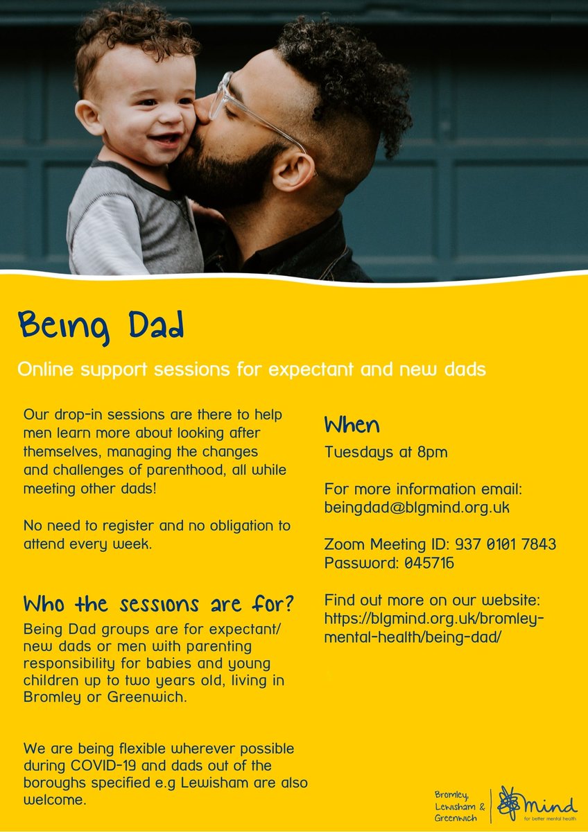 Calling all new dads & dads-to-be in #Bromley, #Lewisham & #Greenwich - if you could do with sharing your experiences with other local dads, join our FREE Being Dad session on Zoom tonight & every Tues. @GreenwichMSLC @LewishamBirths @NHSBromley_CCG @BromleyMVP #Malementalhealth