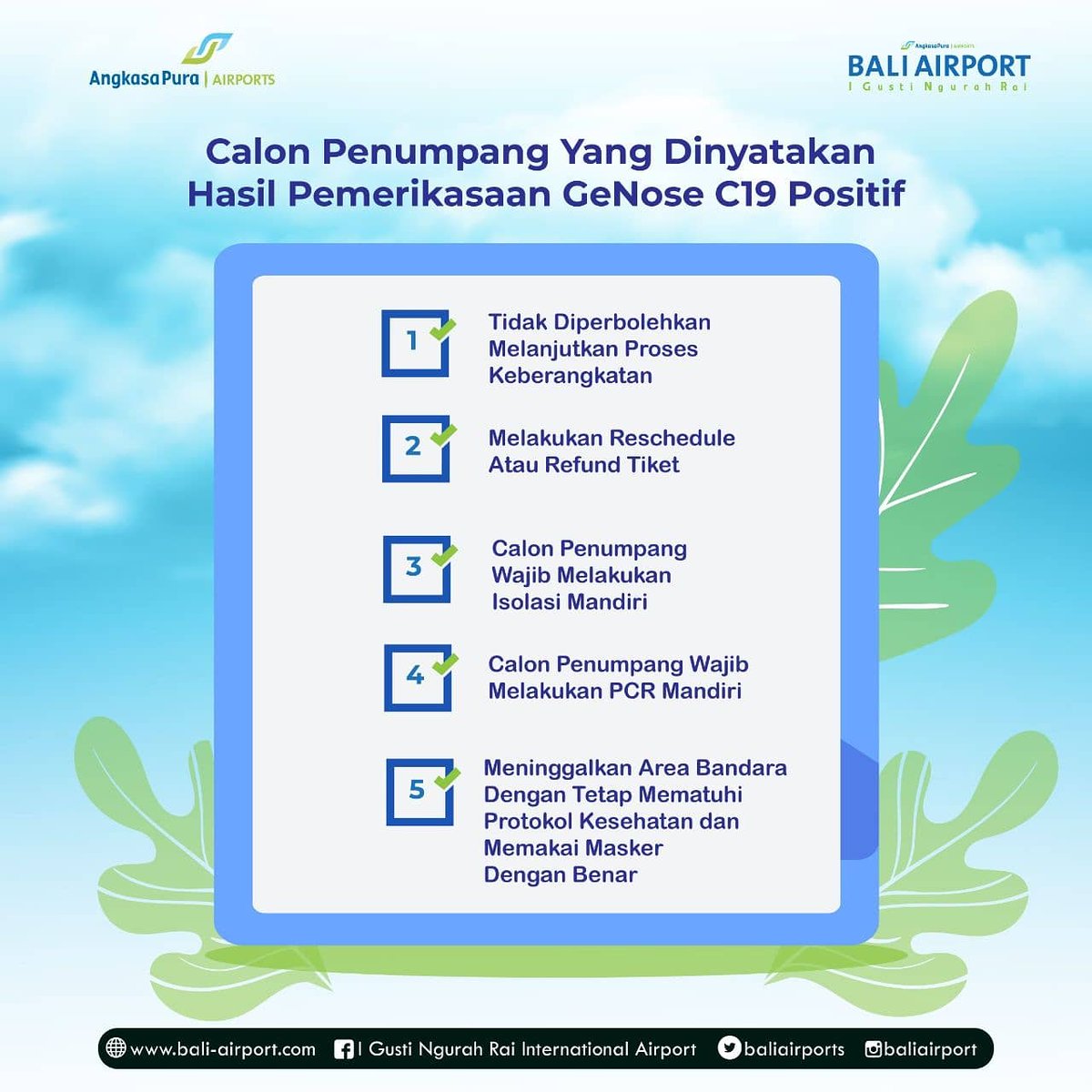#SahabatBaliAirport ada info terbaru nih, dalam upaya memudahkan calon penumpang melakukan penerbangan di masa adaptasi kebiasaan baru, #BaliAirport akan menyiapkan pelayanan uji tes kesehatan GeNose C19 sebagai syarat untuk #TerbangLagi.

Yuk, simak ketentuannya.