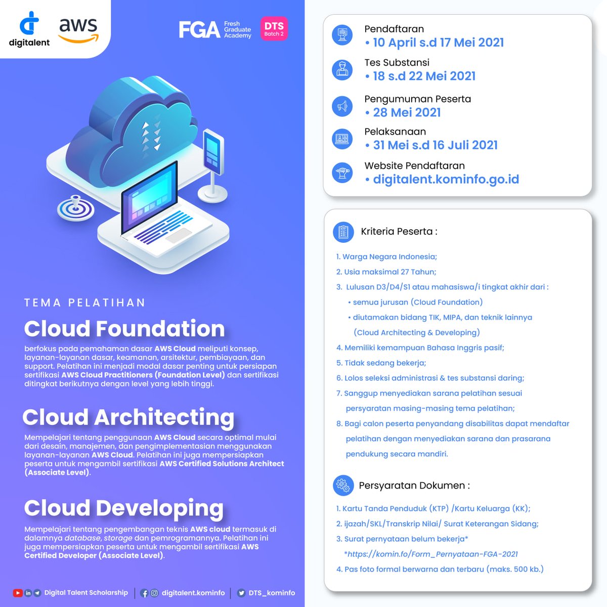 DTS_komdigi's tweet photo. Pembukaan Pendaftaran Program Fresh Graduate Academy Digital Talent Scholarship
Yuk persiapkan diri kamu supaya kamu tidak terlewat untuk mendaftar.
#JadiJagoanDigital #FGA #digitalinaja #belajardarirumah #skilldigital #digiers #digitalent #dts2021 #MakinJagoDigital #DTS https://t.co/aMWhnivLD0