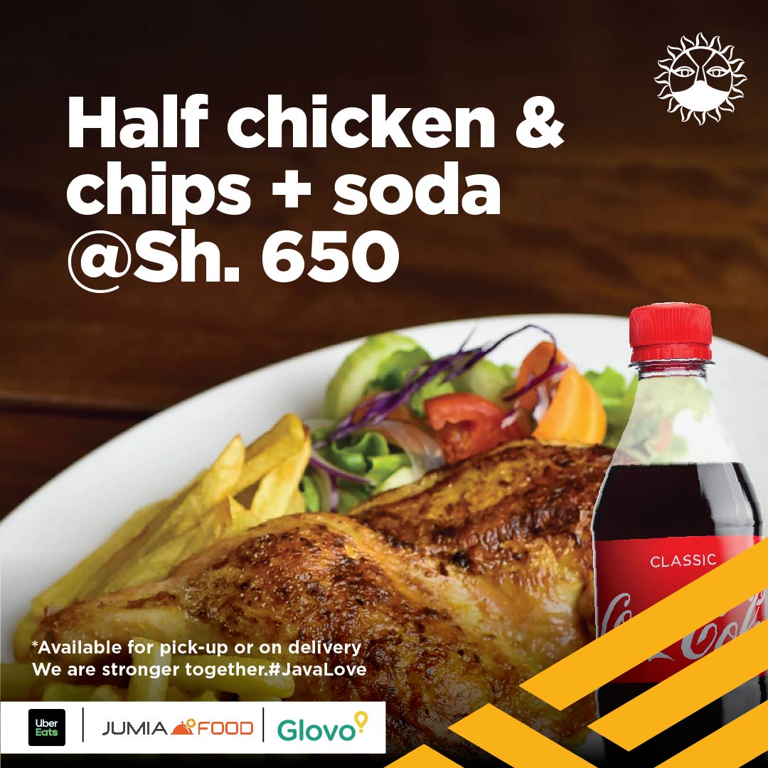 thejunctionmall's tweet image. Have you had a chance to order the 1/2 chicken + chips + soda for Ksh. 650 offer only available at @javahouseafrica?
Delivery available when you order from Uber Eats, Glovo and Jumia Food. #JavaLove #JavaCares
