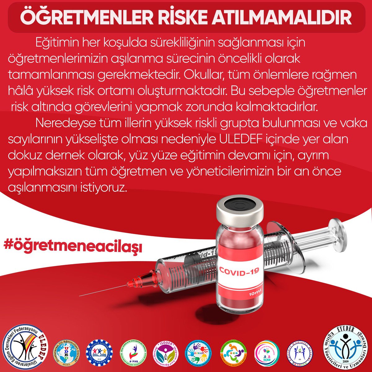 ÖĞRETMENLER RİSKE ATILMAMALIDIR
Hergün sınıfta 6 saat ders işleyen öğretmenler ne zaman aşı olacak ? Öğretmenlerimiz ve ailelerini korumak için #ÖğretmeneAcilAşı
<a href="/saglikbakanligi/">T.C. Sağlık Bakanlığı</a>
<a href="/tcmeb/">Millî Eğitim Bakanlığı</a>
#öğretmenleraşıolmalıdır