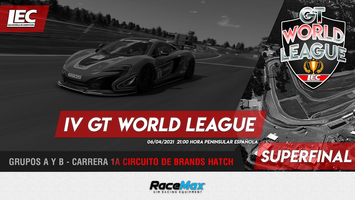 🔴#GTSport 

🏆Arrancamos la #SuperFinal de la 4ª #GTWorldLeague

🚦Circuito de Brands Hatch GP

🏎️McLaren 650s | Gr.4

⏰Horario:
🏁Grupo B - 21:15h
🏁Grupo A - 22:15h

📺Retransmisión oficial:
twitch.tv/lecesports

🥳¡Te esperamos!

❤️#lecesports #simracing #esports