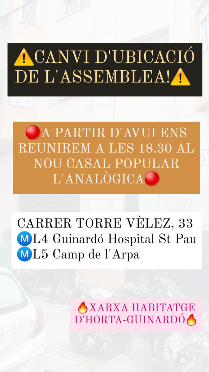 Avui ens reunirem per primer cop a l'Analògica, el nou casal popular del Guinardó!🔥

⏰ 18:30h
📍C/Torre Vélez, 33.
Ⓜ️ L4 Guinardó Hospital de St Pau
Ⓜ️ L5 Camp de l'Arpa