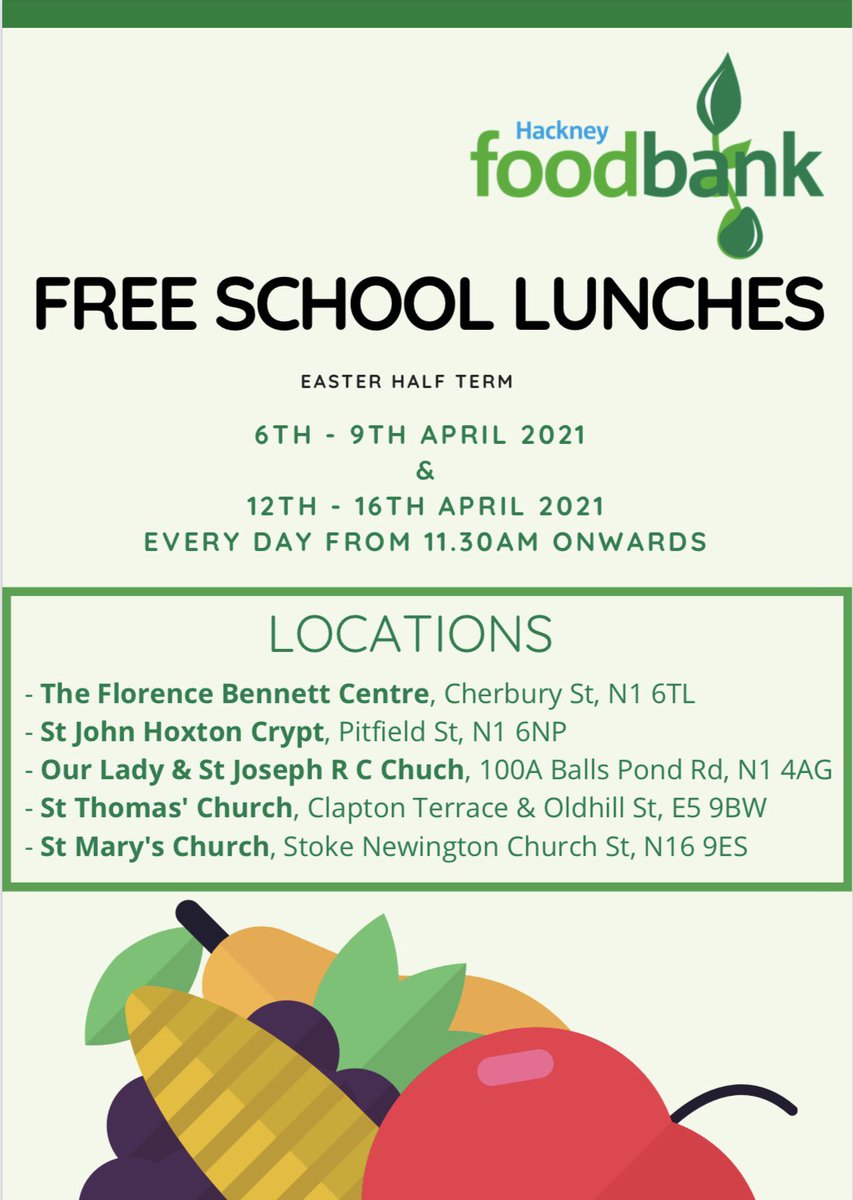 FREE SCHOOL LUNCHES from 11.30am today and every weekday over the Easter Half Term. 
This week, the packed lunches will be made by the amazing teams at @dukeofrichmond_ , <a href="/princearthurpub/">The Prince Arthur</a>, <a href="/climpsonandsons/">Climpson & Sons</a> &amp; <a href="/chicknsours/">Chick 'n' Sours</a>. Please share widely!
#freeschoolmeals #endchildfoodpoverty