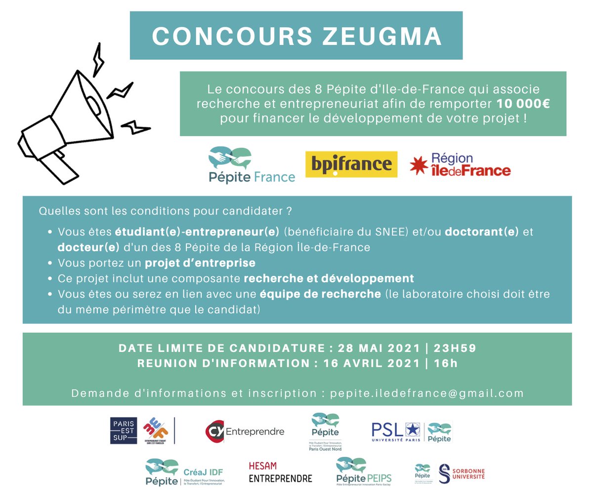 PSL Pépite (@psl_pepite) on Twitter photo 📢Concours Zeugma
Le concours des 8 Pépite d'Ile-de-France qui associe recherche et entrepreneuriat afin de remporter 10 000€ pour financer le développement de votre projet !
📅Réunion d’information: 16/04
📌Fin de candidatures: 28/05
Intéressé(e)? pepite.iledefrance@gmail.com 📢Concours Zeugma
Le concours des 8 Pépite d'Ile-de-France qui associe recherche et entrepreneuriat afin de remporter 10 000€ pour financer le développement de votre projet !
📅Réunion d’information: 16/04
📌Fin de candidatures: 28/05
Intéressé(e)? pepite.iledefrance@gmail.com