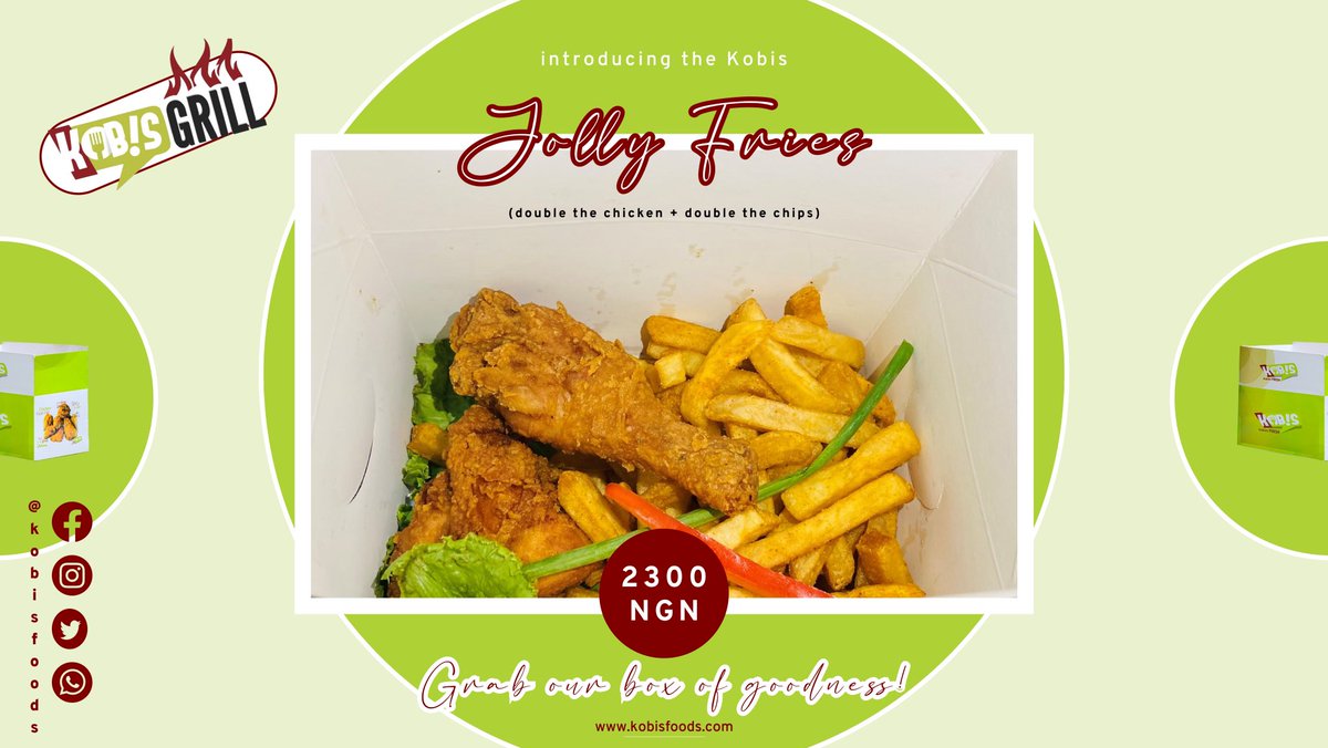 KobisFoods's tweet photo. Do have a jolly good day today with the Kobis Jolly Fries.

Double the chicken, double the fries, tastes four times better 😋.

2 3 0 0 NGN only.

#alwaysfresh #kobisfoods #kobis #jollyfries #chickenandchips https://t.co/KASs56vtTe