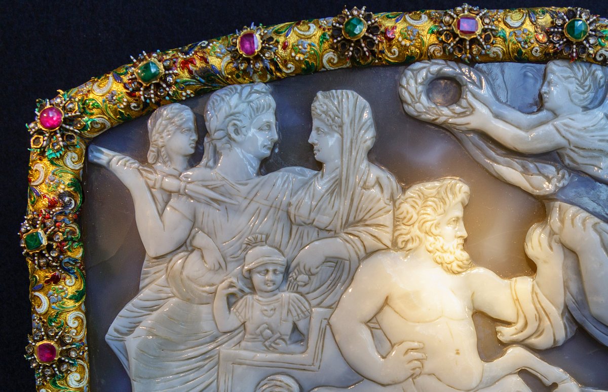 3) The monumental carved agate cameo is one of the largest to survive from antiquity, almost a foot in length, and shows Constantine in a triumphal chariot drawn by centaurs, flanked by his mother Helena, his wife Fausta and a child thought to be his firstborn son Crispus.