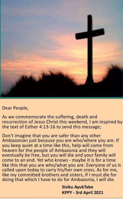 sisiku_ayuktabe's tweet photo. Dear #Ambazonians,
Don't imagine that you are safer than any other Ambazonian just bcos .... As for me, like my committed brothers and sisters, if I must die for doing that which I'm supposed to do for #Ambazonia, I will die. https://t.co/xexRE8STtR