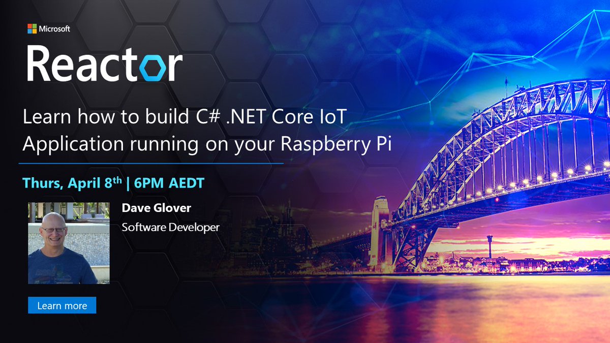 Join <a href="/dglover/">Dave Glover</a> and learn how to build and debug C# .NET Core IoT apps running on your Raspberry Pi with Visual Studio Code from your Linux, macOS, or Windows desktop.

Click here to Join:
meetup.com/Microsoft-Reac…

#reactorsydney #Microsoft #Developer