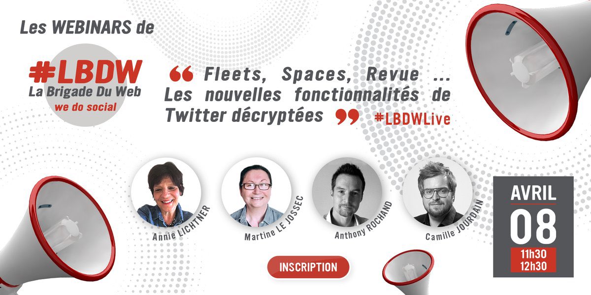 Fleets, Revue, Spaces... les nouvelles fonctionnalités de #Twitter sont nombreuses !

Pour savoir comment les utiliser, RDV ce jeudi 8 à 11h30 avec <a href="/AnnieLichtner/">Annie Abela</a> <a href="/camillejourdain/">Camille Jourdain</a> <a href="/loutro1990/">Martine Le Jossec 🎈 #Communication #FeelGood 🙏🏼</a> &amp; <a href="/AnthonyRochand/">Anthony Rochand</a>

Inscription ➡️
register.gotowebinar.com/register/58266…

#LBDWLive #CM #socialmedia