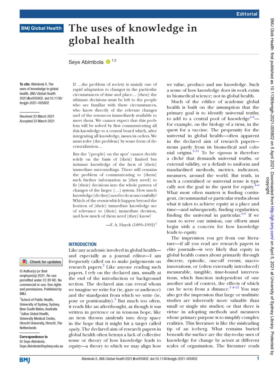 It's 5yrs since @GlobalHealthBMJ was launched! Here's the first editorial I wrote — 'The information problem in global health' gh.bmj.com/content/1/1/e9… If I was writing the editorial today, here's what I'd write — 'The uses of knowledge in global health' gh.bmj.com/content/6/4/e0…