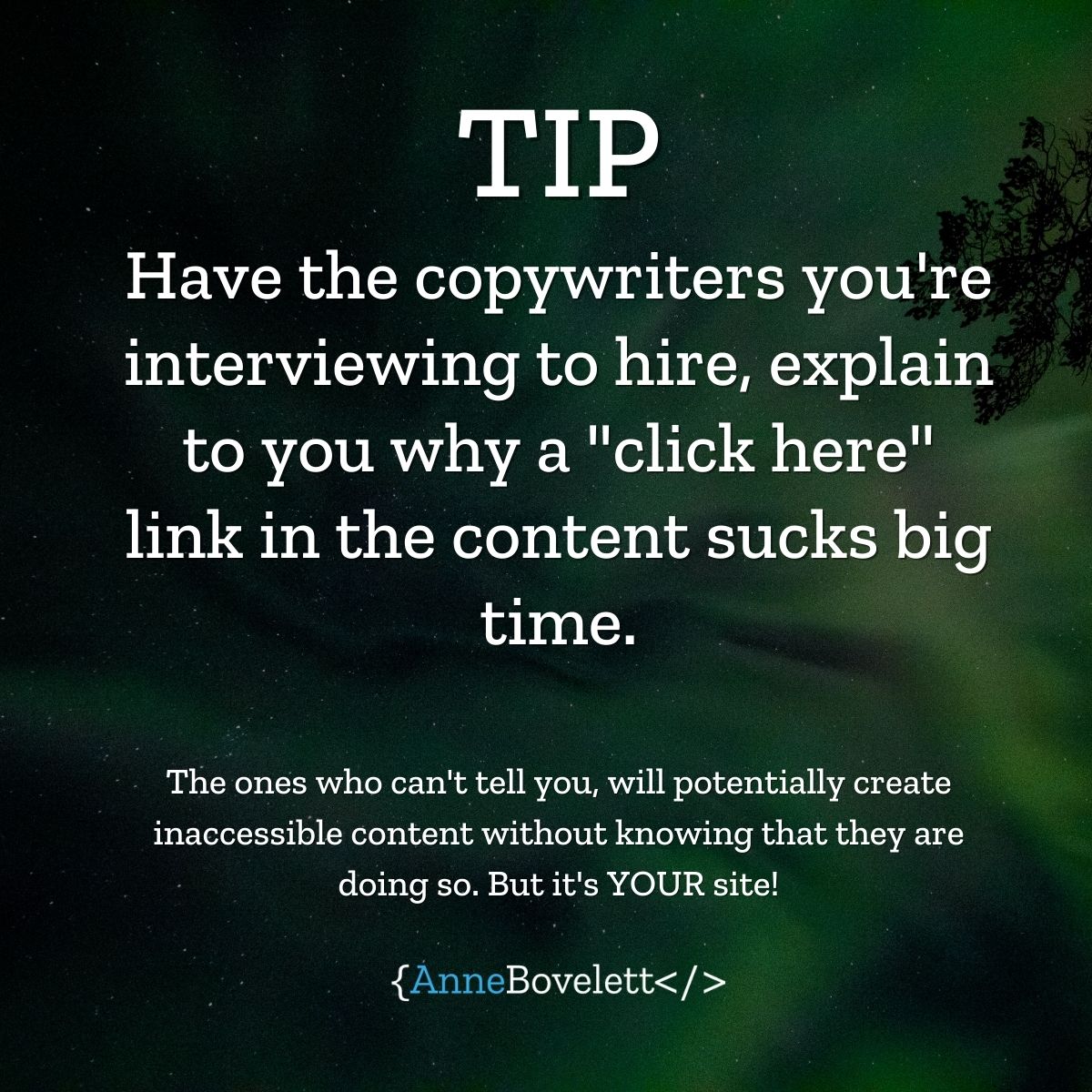Bovelett's tweet image. You&apos;re in a dark room with 20 doors. You KNOW each door leads to a different place. On every door the neon shield says: &quot;go here&quot;. That&apos;s what you put someone with a screen reader through with &quot;click here&quot; in web texts, when he asks for a link list.

#CreateAwareness #a11y RT=❤️