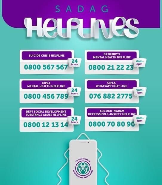 Struggling to cope? If you or a loved one need help, please make use of the SADAG 24hr helplines below. You are not alone. There is always help. There is always hope. #mentalhealthmatters🧠