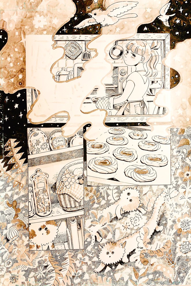 完成と下絵です。
真夜中のお菓子作り。 