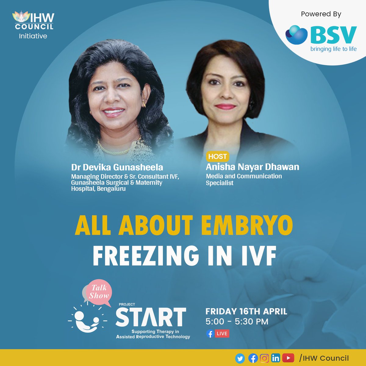 IHWCouncil's tweet image. Know the best route for a successful #Pregnancy from Dr Devika Gunasheela, Managing Director &amp;amp; Sr. Consultant, IVF, Gunasheela Surgical &amp;amp; Maternity Hospital, Bengaluru, on 16 April, 5 PM!

👉bit.ly/3rHNrKH

#EmbryoFreezing #Infertility
@AskGunasheela @BSV_Global