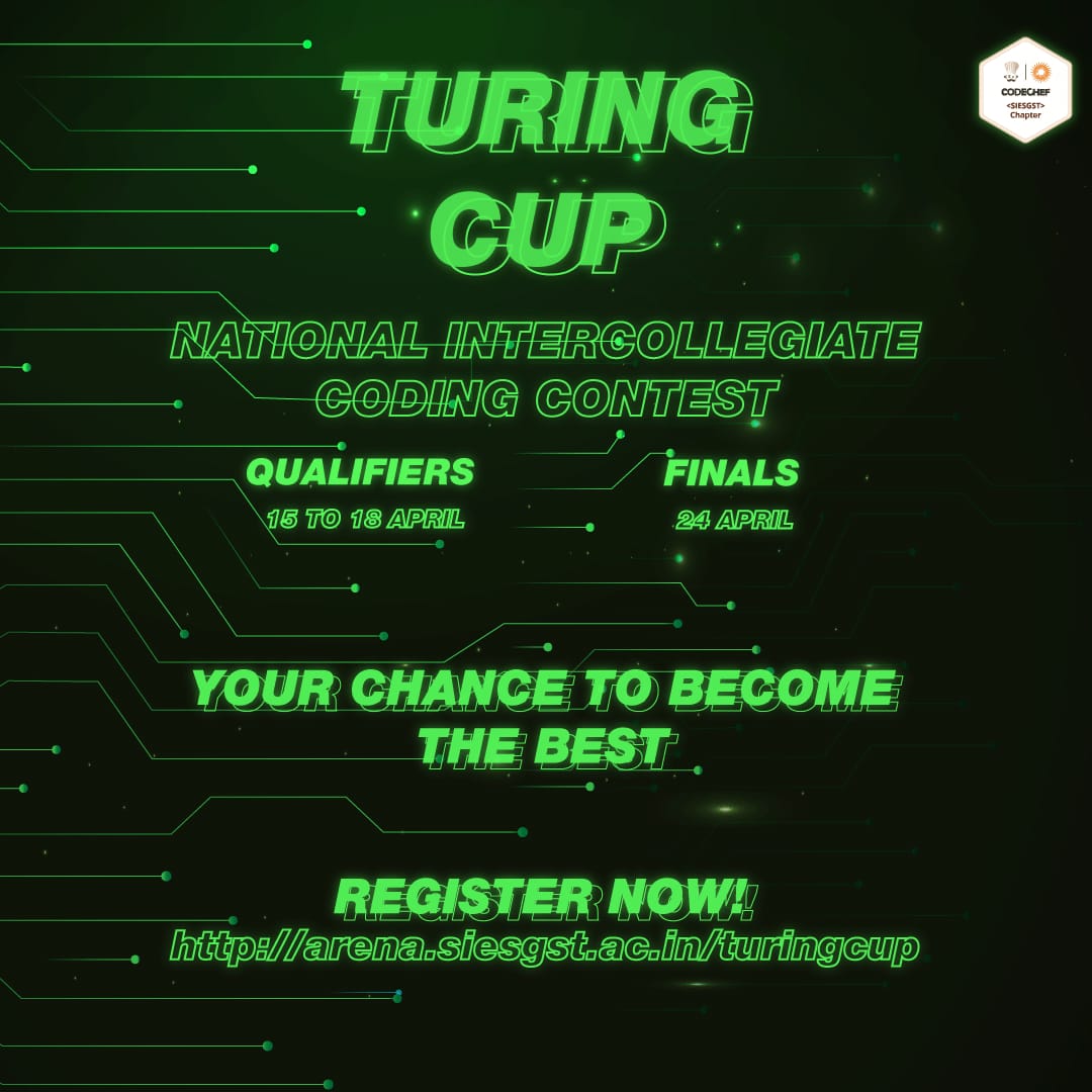 arenaCodeChef's tweet image. CodechefSIESGST chapter proudly presents the 4th iteration of Turing Cup๐. Show your prowess as a solo coder and become the best of all๐
#code #CodeChef #CodeChefCampusChapter #CodeChefSiesgstChapter