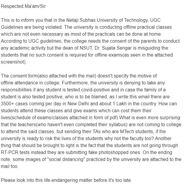 DepressedEngin6's tweet photo. The covid situation in the country is escalating, yet NSUT is pushing for offline exams under Dr. Sujata Sengar (dean) by violating UGC guidelines, see the attached images and please #RETWEEET  @msisodia @TimesNow @IndiaToday @GautamGambhir https://t.co/5NonOgnvx1