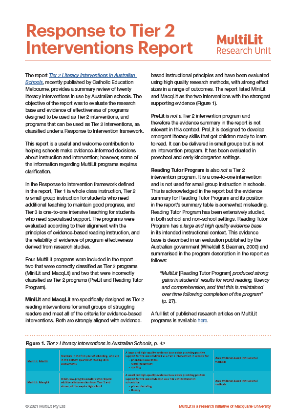 MULTILITmedia's tweet photo. MultiLit welcomes Catholic Education Melbourne's report on Tier 2 interventions including #MacqLit and #MiniLit. Our response provides some clarification on the purpose of #PreLit and Reading Tutor programs, with links to published research: https://t.co/zG4Wq5edK5 https://t.co/sHU4rPIOzH