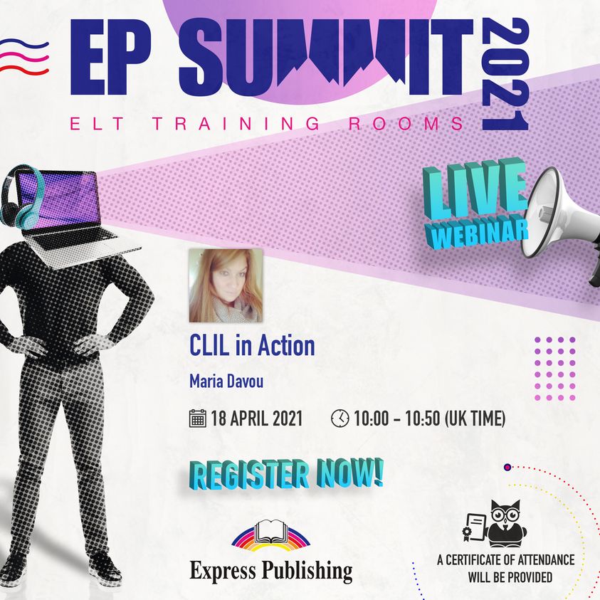 ExpressElt's tweet photo. ✨In her presentation "CLIL in Action" Maria Davou will unlock the secrets of this educational approach.✨
A #softCLIL approach will be the focus of this webinar, exploring what CLIL is and how we can incorporate it in an #EFL environment.
https://t.co/U0LWJjL75k
#EPSummit2021 https://t.co/hzAB04V0S4