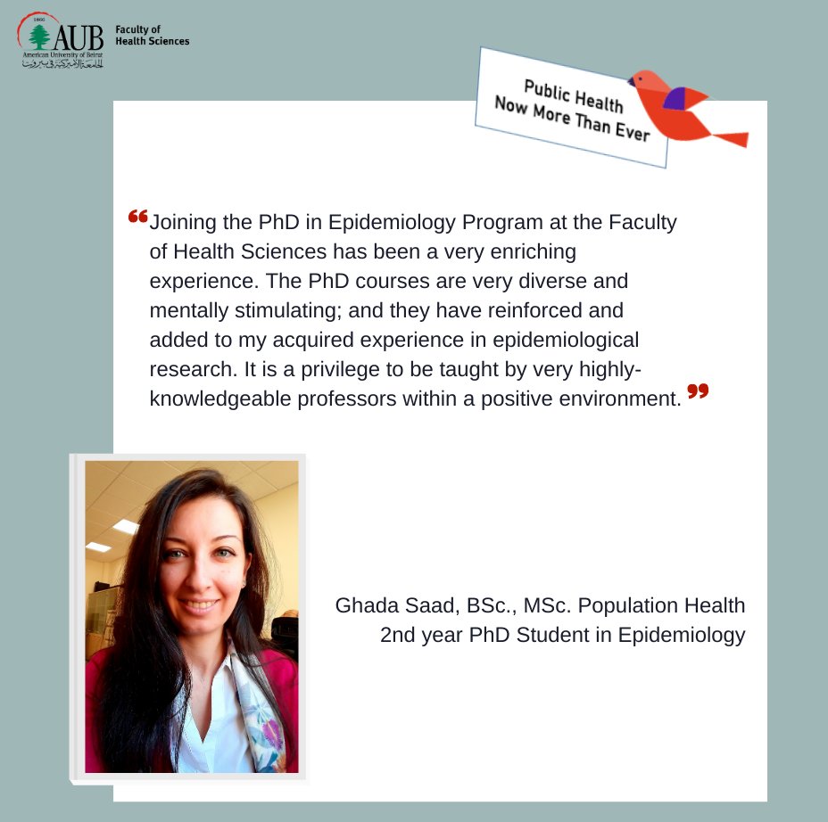 FHS_AUB's tweet photo. Looking to pursue a graduate degree in #PublicHealth?
Check out what FHS alumni & students have to say about the amazing CEPH_accredited #GraduatePublicHealthProgram! at #FHS, #AUB_Lebanon. Visit us: https://t.co/hHQoBILylX @GhadaSaad_11 https://t.co/O5iURDEtsH