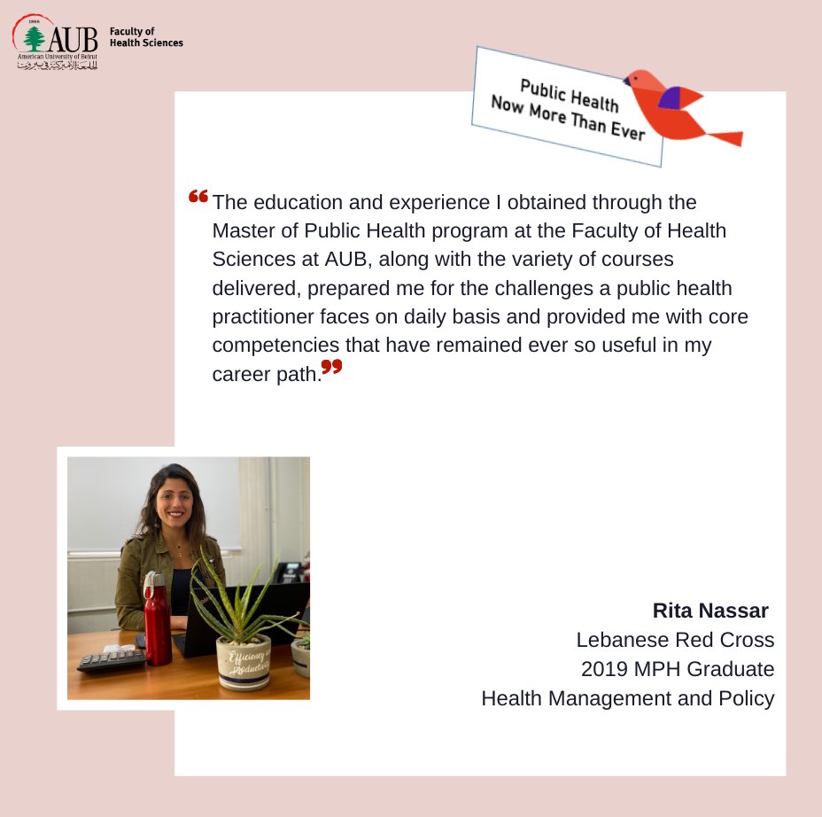 FHS_AUB's tweet photo. Looking to pursue a graduate degree in #PublicHealth?
Check out what FHS alumni & students have to say about the amazing CEPH_accredited #GraduatePublicHealthProgram! at #FHS, #AUB_Lebanon. Visit us: https://t.co/hHQoBILylX @GhadaSaad_11 https://t.co/O5iURDEtsH