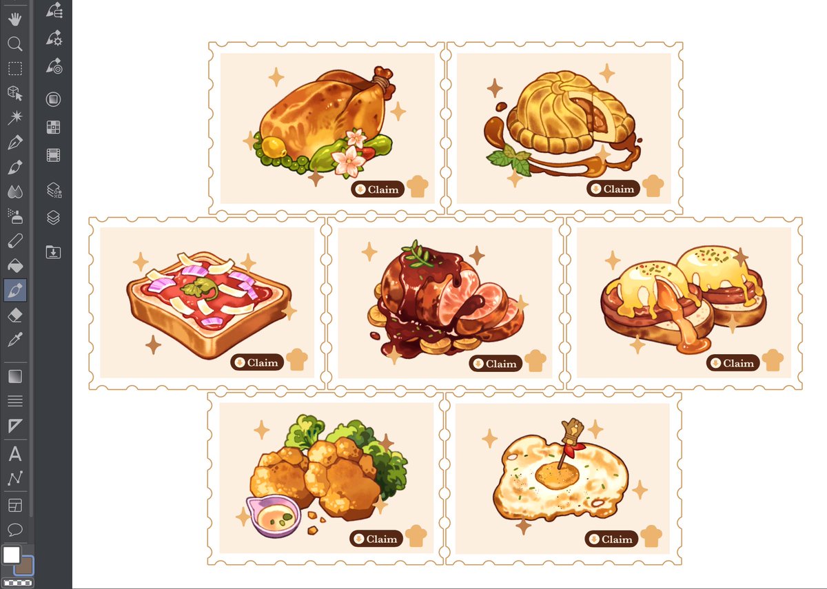 i thought it would be cute to have these mondstadt meals for windblume festival but i am slow asdfg so i'll have these foiled food stubs for next shop opening instead! ✨ 