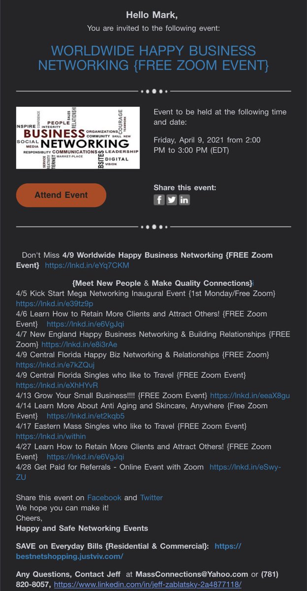 📥Thanks for the invite @MassConnections!
.
.
.
.
.
#Network #Networker #Networks
#NetworkGroup #NetworkingGroup
#NetworkingGroups #Event #Events
#BusinessEvent #BusinessEvents
#SmallBusinessEvent #SmallBusinessEvents
#Eventing #SmallBusinessSupport
#MassConnections #Connections