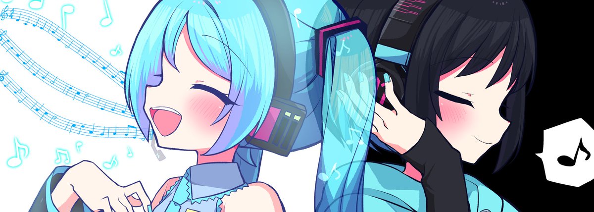 hatsune miku musical note closed eyes eighth note smile headphones hand on headphones twintails  illustration images