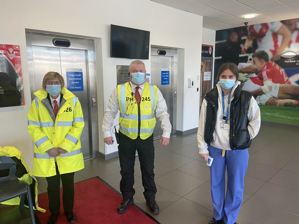 We’re at our Mass Vaccination Centre <a href="/Saints1890/">St.Helens R.F.C.</a> for an exciting day- the start of our 2nd dose vaccinations for amazing community! 
If you’re booked in this morning, say hi to Sheila, Phil &amp; Megan who will keep keeping you safe and directing you to your appointment 👋🏼 #TeamSTHK