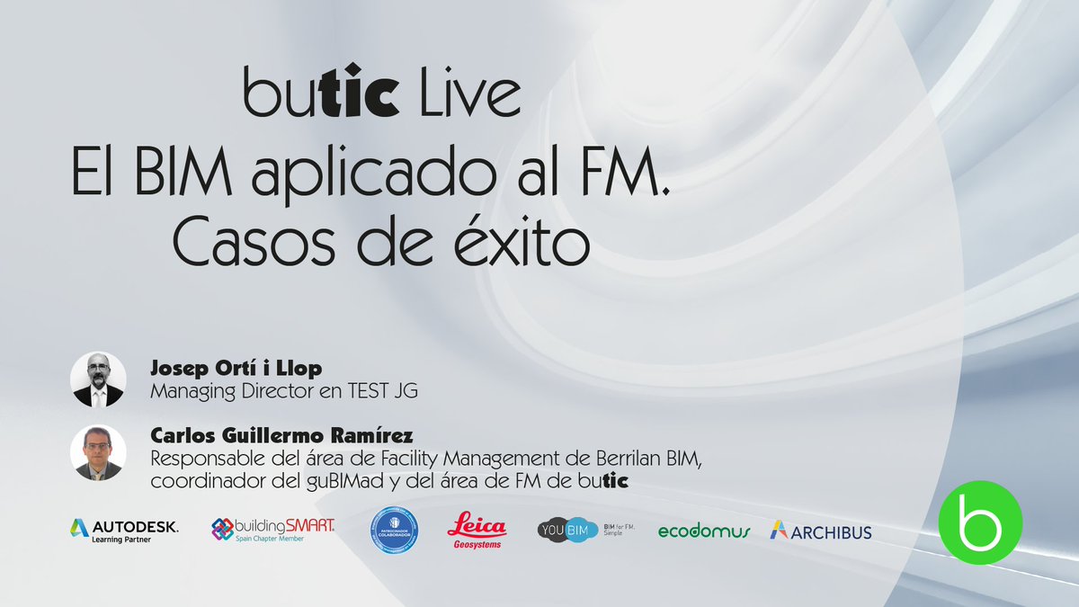 📢 Mañana miércoles 7 a las 19:30h descubre descubre los casos de éxito del #BIM aplicado al Facility Management que nos traen Carlos Guillermo Ramírez <a href="/berrilan/">Berrilan</a> #guBIMad y Josep Ortí i Llop <a href="/testjging/">TEST JG</a> #butic
 
👉 ¡Inscríbete! bit.ly/3cUdTeB