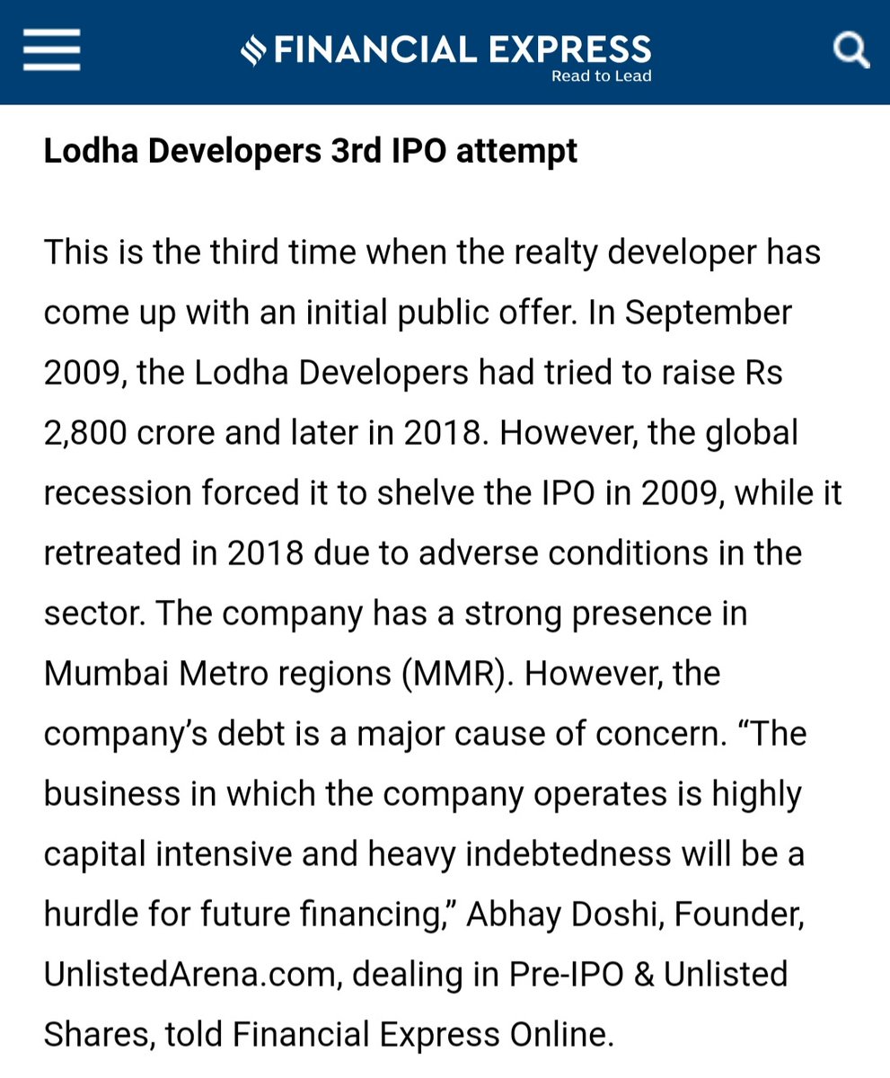 AbhayDoshi11's tweet image. My quote on Lodha Developers&apos; Macrotech IPO in Financial Express

#IPO #initialpublicoffering #Lodhadevelopers #MacrotechDevelopers